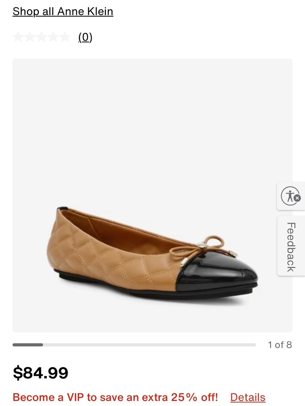 Anne Klein Quilted Tan Ballet Flat with Black Patent Toe
